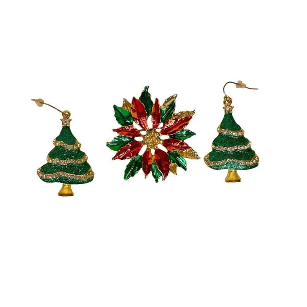 Gerrys Brooch Pin Vtg Christmas Earrings Set Tree Poinsettia Flower Red Green